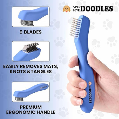 We Love Doodles Dematting Comb for Dogs - Dog Hair Mat Remover, Detangler Comb & Deshedding Tool, Removes Tangles, Knots, & Loose Hair, Metal Comb, Ergonomic Handle (9 Blade)