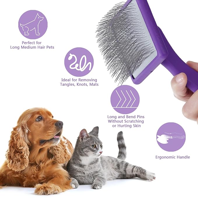 Ergonomic Slicker Brush for Long-Haired Cats - Wooden Handle, Long Pins for Grooming Loose Hair (Purple)