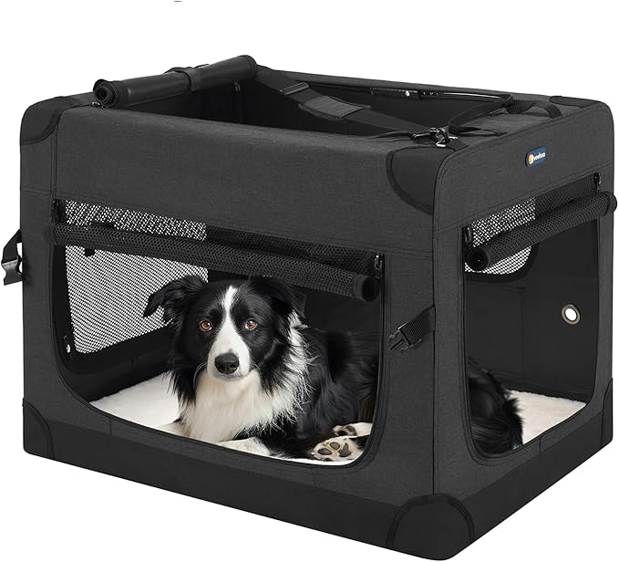 Veehoo 30 inch Folding Soft Dog Crate, 4-Door Portable Collapsible Pet Kennel Travel Dog Crate for Medium Dogs, 5 x Durable Mesh Screen, 600D Oxford Fabric, Indoor & Outdoor Use, Black, CWB2428CP