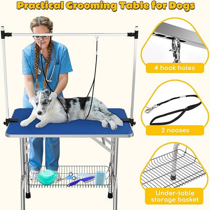 Grooming Table for Dogs, 46" Portable Grooming Table for Large Dogs at Home, Foldable Dog Grooming Table with Arm, Noose, Mesh Tray, Maximum Capacity 300 LBS, Blue