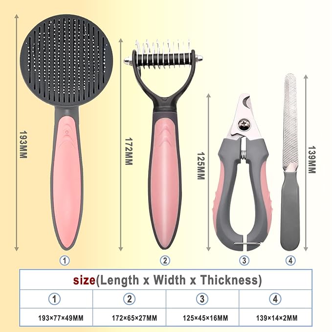 Pet Deshedding Brush Set, Undercoat Rake for Dogs & Cats - Double Sided Brush for Shedding and Dematting Comb Grooming Tool kit - Nail Clippers & Nail File Kit (4Pack) Pink