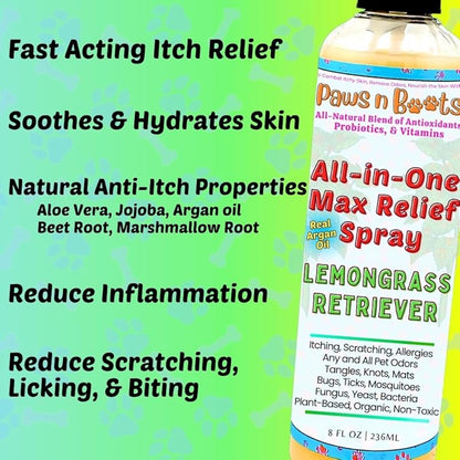 All-in-One Dry Shampoo Spray – 100% Natural, Plant-Based. Removes All Pet Odors, Tangles, & Mats. Fast Relief for Itching, Inflammation. Safe to Use on Toys, Clothes, Furniture, Pets. Tear Free. Lemongrass