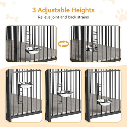 GAOMON Dog Crate Furniture, Dog Crate Indoor with Adjustable Height Bowls, Wooden Heavy Duty, 39.8 Inch Dog Kennel Furniture for Medium Dogs, 39.8" L X 22.5" W X 38.6" H,Grey
