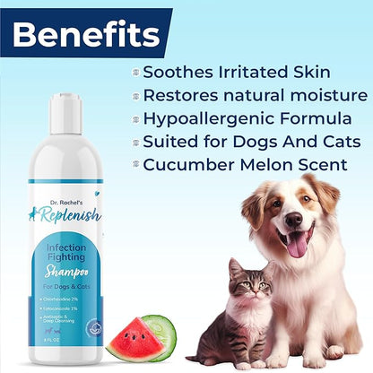 Replenish Anti Itch Dog Shampoo with Ketoconazole and Chlorhexidine for Dog Skin Irritation Treatment & Itchy Skin Relief - Dr. Rachel’s Veterinary Formula Dog Shampoo with Cucumber Melon Scent - 8 oz