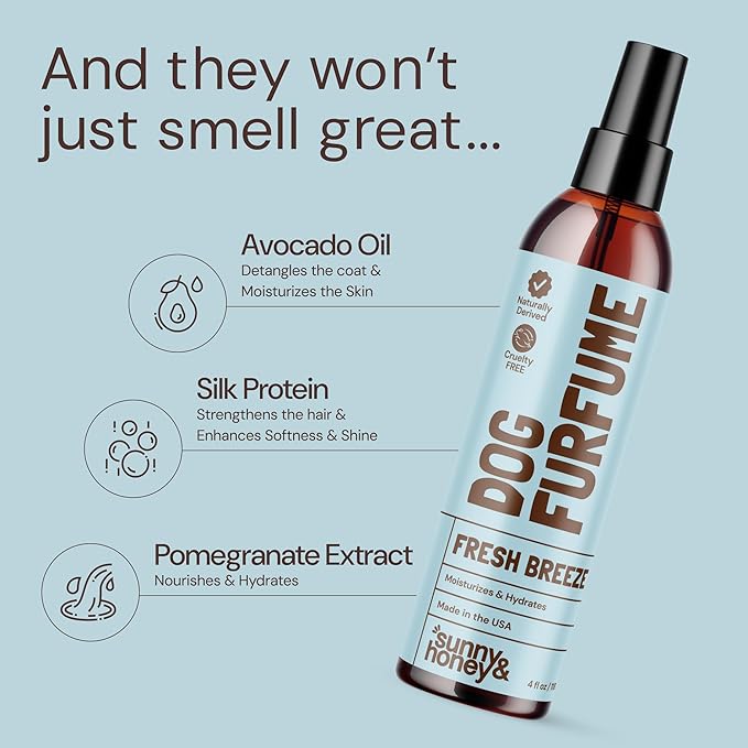 Sunny & Honey 4oz Dog Perfume Spray Long Lasting - Deodorizing, Detangling & Hydrating - Dog Cologne - pH Balanced - Spray Deodorizer Perfume (Fresh Breeze Scent, 2 pack)