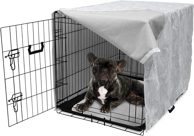 Ambesonne Grey and White Dog Crate Cover, Doodle Style Botanical Leaves Pattern Shabby Ornamental, Easy to Use Pet Kennel Cover for Cats & Medium Dogs, 24 Inch, Pale Blue Grey and White