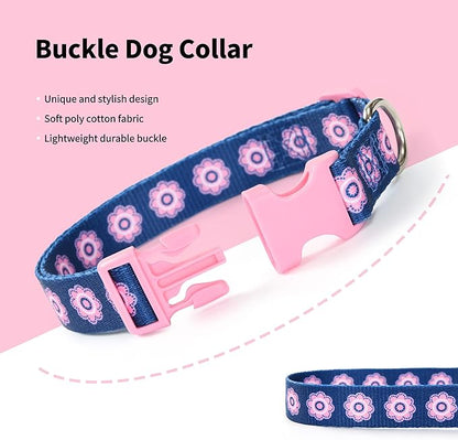 Mile High Life Dog Collar | Cute Puppy Collars | Lightweight Girl Dog Collar | Soft Boy Dog Collars | w Geometric Plaid Wave Line Pattern (Pink Flower, Medium)