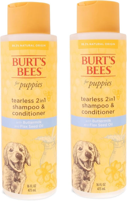 Burt's Bees for Pets Tearless Puppy 2-in-1 Shampoo and Conditioner with Buttermilk and Linseed Oil, 2pk, 95% Natural Origin Formulas, Best Gentle Shampoo for Puppies - Tear Free, 16 oz - 2 Pack