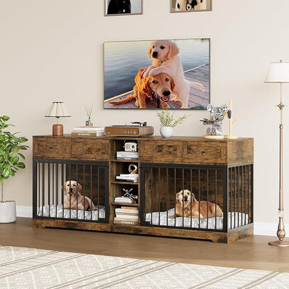 82” Double Dog Crate Furniture, Large Dog Kennel Indoor for 2 Dogs, Heavy Duty Wooden Dog Crate TV Stand with 4 Drawers and Shelves, Brown