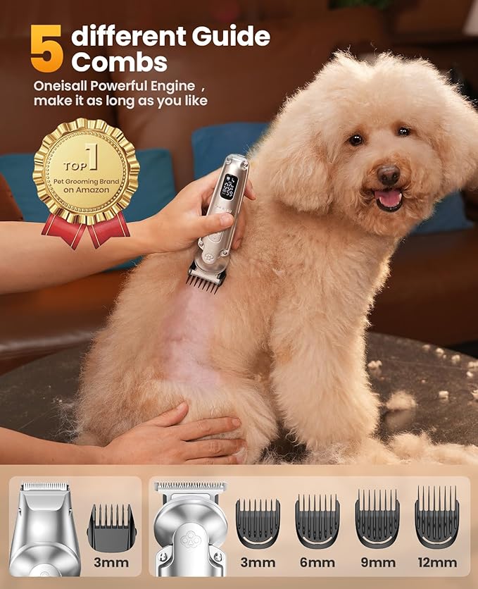 oneisall Dog Clippers and Paw Trimmer with Low Noise, 4 - in - 1 Cordless Dog Grooming Kit with 3 - Level Speed Clippers (7000 RPM) for Grooming Thick Hair, Waterproof Shaver for Dogs and Cats