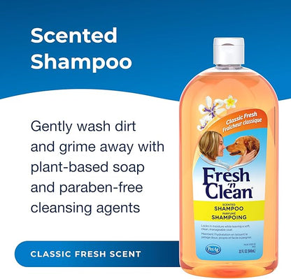 PetAg Fresh ’n Clean Scented Shampoo, Classic Fresh Scent - 32 oz - Moisturizes with Vitamin E & Aloe Vera - Strengthens & Repairs Coats - Soap Free