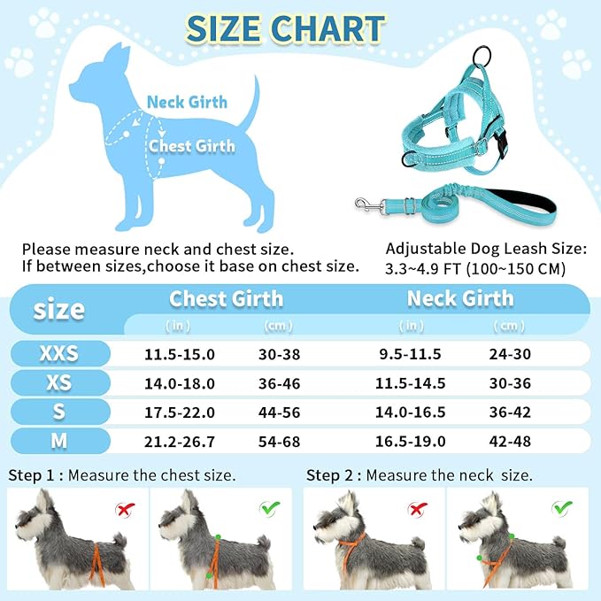 SlowTon No Pull Small Dog Harness and Leash Set, Puppy Soft Vest Harness Neck & Chest Adjustable, Reflective Lightweight Harness & Anti-Twist Pet Lead Combo for Small Medium Dogs(BL-Front Clip,XXS)