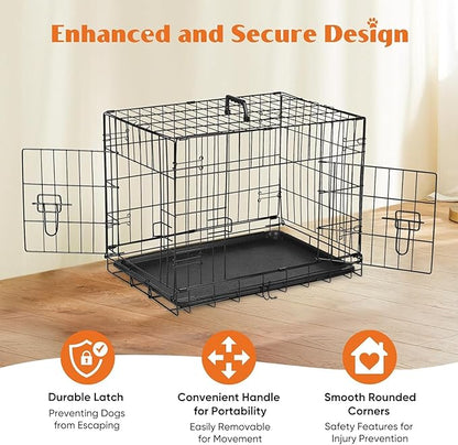 Sweetcrispy 24-Inch Double-Door Iron Dog Crate – Heavy-Duty Metal Kennel with Secure Locks, Foldable Design, & Removable Tray for Easy Cleaning, Durable Pet Cage for Home or Travel
