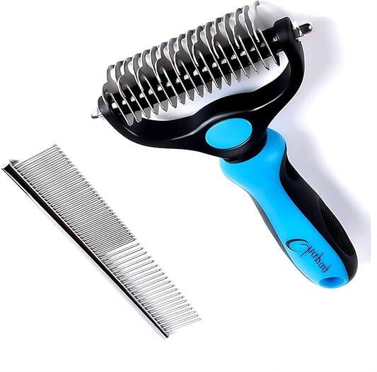 Pet Grooming Brush and Metal Comb Double Sided Long Hair Pet Undercoat Cleaner Knotting Comb for Cats and Dogs Removes Mats and Lint Effectively Removes Shedding or Flyaway Hair (Blue)