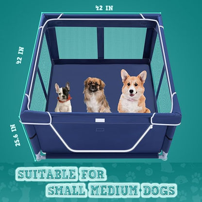 42x42x25.6 Inches Puppy Playpen with Gate, Dog Playpen for Puppies or Small Dogs, DogFence Pet Playpen for Indoor & Outdoor, Sturdy Safety DogPen with Thickened Fabric, High-Strength Nylon Wire Mesh