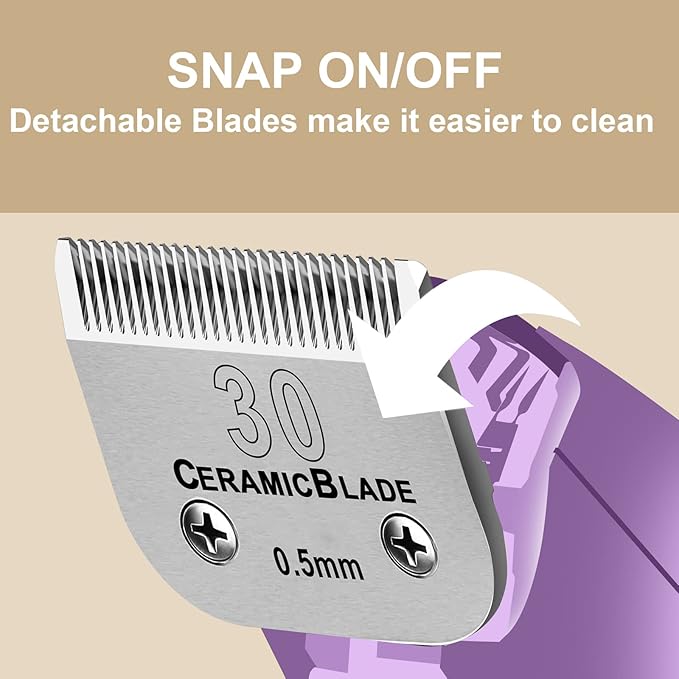10 Pack Detachable Pet Dog Clipper Blades, Compatible with Andis Size 30 Cut Length 1/50"(0.5mm),Most Oster A5,Wahl KM10 Series Clippers,Made of Ceramic Blade & Stainless Steel Blade