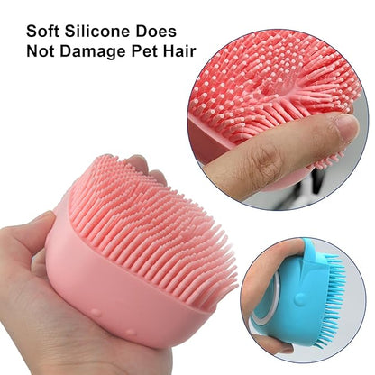 Pet Bath Brush Scrubber, Soft Silicone Shampoo Dispenser with Shower Grooming & Adjustable Ring Handle for Short/Long Haired Dogs and Cats, Pink+Blue 1PCS