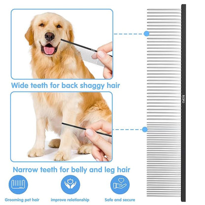 ROPO Dog Comb Tool for Removing Matted Fur - Pet Dematting Comb with Rounded Teeth and Non-Slip Grip Handle - Prevents Knots and Mats for Long and Short Haired Pets (Square handle, Black)