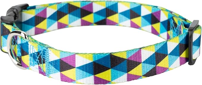 Mile High Life Dog Collar | Cute Puppy Collars | Lightweight Girl Dog Collar | Soft Boy Dog Collars | w Geometric Ocean Wavy Pattern (Blue/White Plaid, Large)