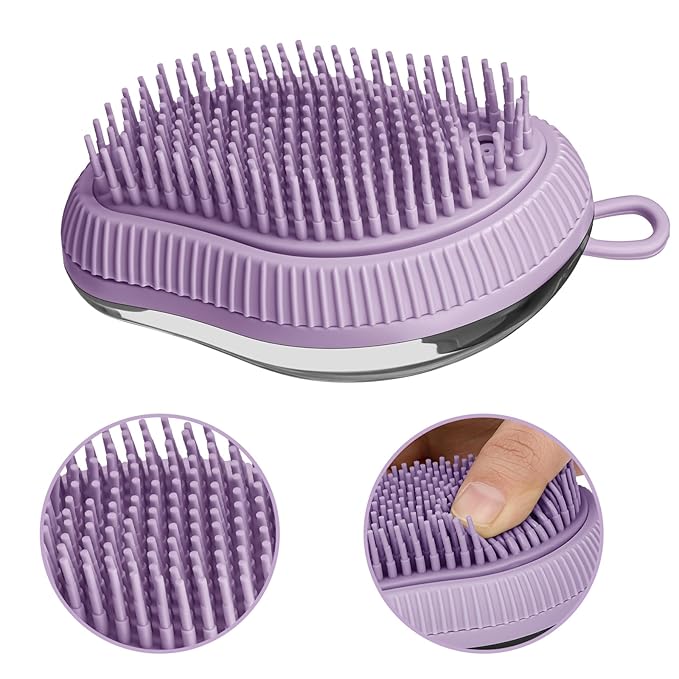 Pet Grooming Bath Massage Brush with Soap and Shampoo Dispenser Soft Silicone Bristle for Long Short Haired Dogs Cats (PURPLE)