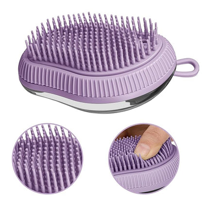 Pet Grooming Bath Massage Brush with Soap and Shampoo Dispenser Soft Silicone Bristle for Long Short Haired Dogs Cats (PURPLE)