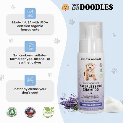 Waterless Dog Shampoo - Cleans & Moisturizes Coat, No Rinse Dog Shampoo, Safe Foam Formula & Pet-Friendly Dog Deodorizing Spray, 5.2 oz [We Love Doodles] (Lavender)