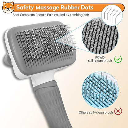 Self Cleaning Slicker Brush for Pets, Removes Loose Undercoat & Portable Comb for Long Short Haired Dogs & Cats (Gray)