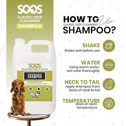 Soos Pet Classic Deep Cleansing Shampoo for Dogs and Cats Natural Dead Sea Minerals Fast Absorbing Coat with Vitamins Essential Oils Natural Ingredients - 1x (4L Gallon)