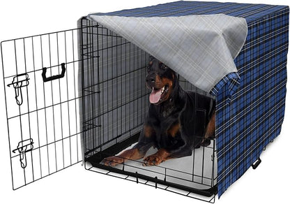 Lunarable Plaid Dog Crate Cover, Classical Old Fashioned Abstract Pattern Design Scottish Country Style, Easy to Use Pet Kennel Cover for Medium Large Dogs, 42 Inch, Violet Blue Black White