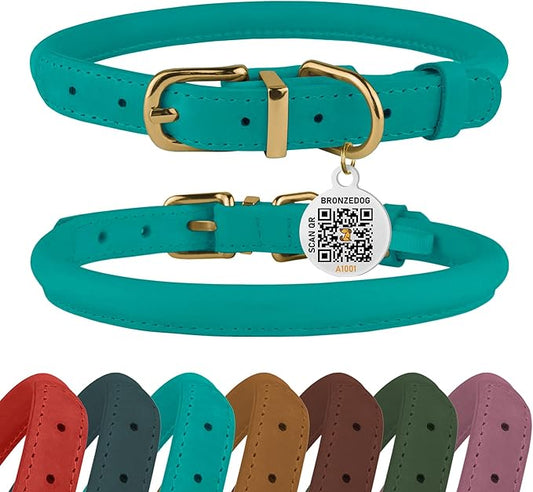 BRONZEDOG Rolled Leather Dog Collar with QR ID Tag Adjustable Soft Round Collars for Small Medium Large Dogs Puppy Cat (9" - 11" Neck Size, Turquoise)