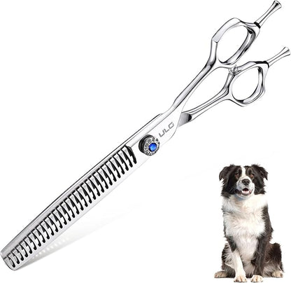 ULG Professional Dog Grooming Scissors 7.5” Straight Chunker Shear 65%-75% Thinning Rate 440C Japanese Stainless Steel Tension Adjustable Left & Right Handed Pet Grooming Shears