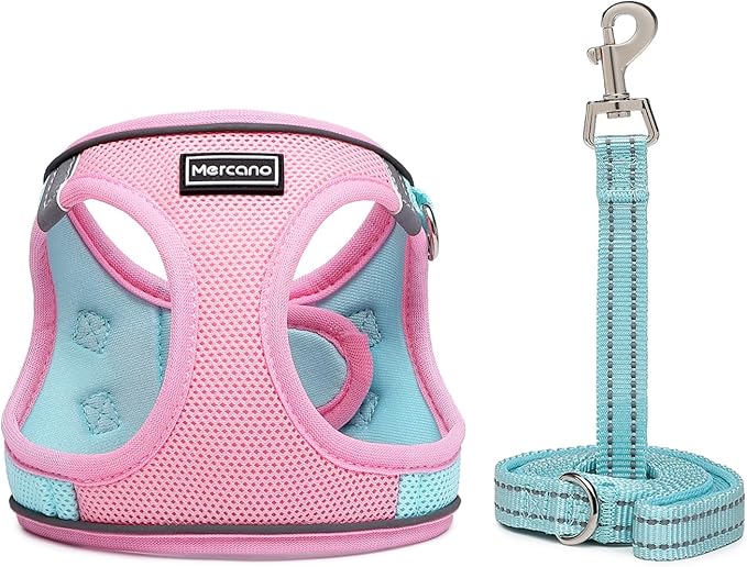 Mercano Soft Mesh Dog Harness and Leash Set, No-Chock Step-in Reflective Breathable Lightweight Easy Walk Escape Proof Vest Harnesses with Safety Buckle for Small Medium Dogs, Cats (XL, Pink Blue)