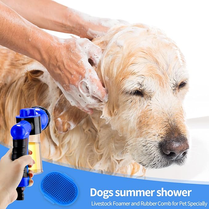 6 Pieces Dog Wash Hose Attachment with Soap Dispenser Pet Bathing Tool Set Dog Comb Brush for Pet Washing(9.45 x 6.3 x 2.48 Inch,Blue)