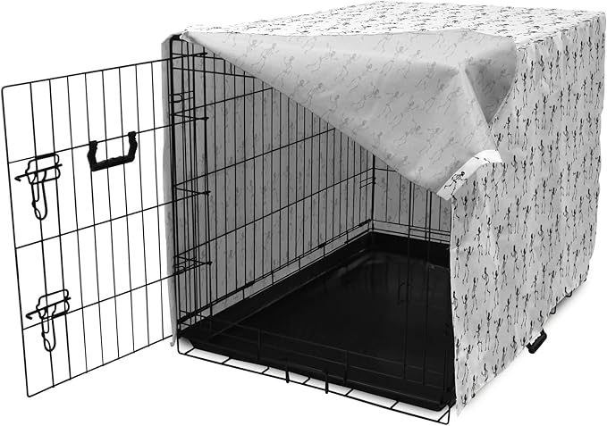 Lunarable Skull Dog Crate Cover, Cartoon Pattern of Monochrome Skeletons Halloween Themed Illustration Horror, Easy to Use Pet Kennel Cover for Cats & Medium Dogs, 24 Inch, White Black