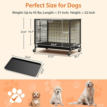 Dog Crate Furniture, 27.2" Modern Double-Door Dog House with Pull-Out Tray, Heavy-Duty Wooden Kennel & Removable Wheels, Side Table for Small Dog Sizes, Rustic Gray