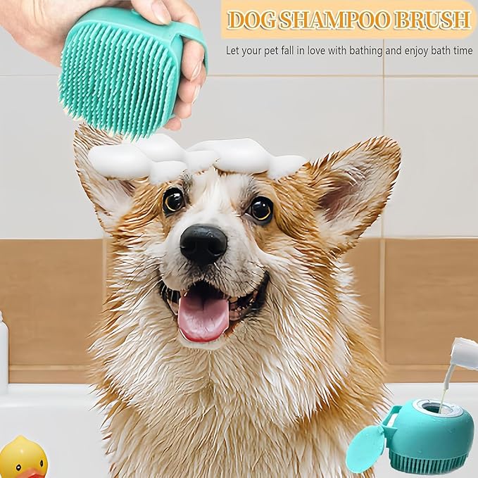 Pet Bath Scrubber Brush, Dog Grooming Massage Shampoo Bath Brush with Soap and Shampoo Dispenser Soft Silicone Bristle for Long Short Haired Dogs Cats Shower (Yellow)