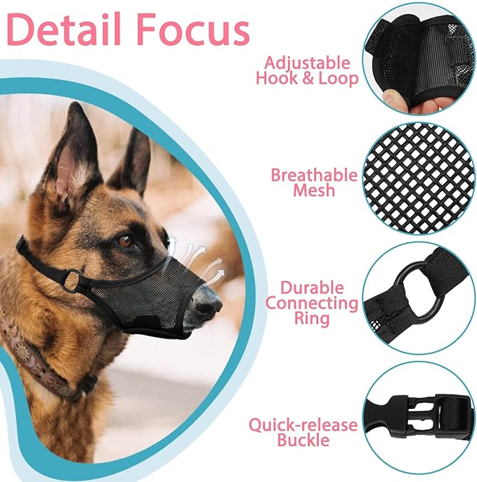 LUCKYPAW Dog Muzzle, Mesh Dog Muzzle for Large Medium Small Dogs, Soft Muzzles for Biting Chewing Fierce Barking, Breathable Muzzle with Adjustable Strap for Training (Black, XS(Snout:6.5"-7.5"))