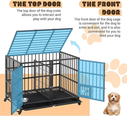 Metal Dog Crate, 42 Inch Heavy Duty Dog Crate with Divider, 2 Feeding Door and Bowls, Dog Kennel Indoor with Wheels, for 2 Small Dogs/1 Large Dog