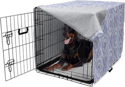 Lunarable Mandala Dog Crate Cover, Ceremonial Retro Minimal Far Eastern Pattern, Easy to Use Pet Kennel Cover for Medium Large Dogs, 42 Inch, Lavender Blue and White