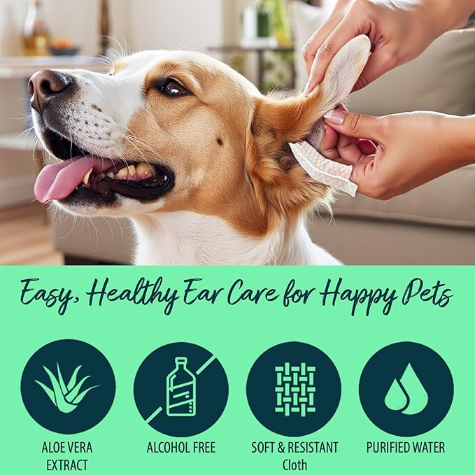 Natureland [Large Size Finger Wipes] Dog & Cat Ear Finger Wipes - Otic Cleaning Wipes for Infections and Controlling Ear Infections and Ear Odor in Pets (100 Large)
