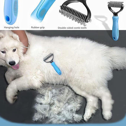 Undercoat Rake for Dogs, Dematting Tool Set Long Haired Dog Grooming Rake Brush + Deshedding Brush Comb, Under Coat Brush Cat Rake with Double Row Stainless Steel Pins