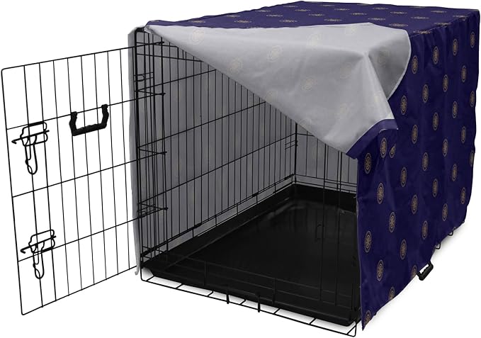 Lunarable Compass Rose Dog Crate Cover, Navigation Themed Vintage Gears Tools in Dark Tones Illustration, Easy to Use Pet Kennel Cover for Cats & Medium Dogs, 30 Inch, Indigo and Dark Mustard