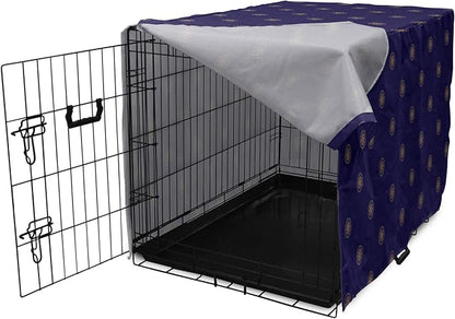 Lunarable Compass Rose Dog Crate Cover, Navigation Themed Vintage Gears Tools in Dark Tones Illustration, Easy to Use Pet Kennel Cover for Cats & Medium Dogs, 30 Inch, Indigo and Dark Mustard