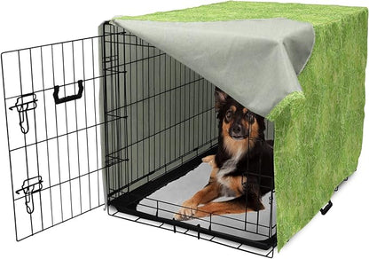 Lunarable Green Dog Crate Cover, Line Art Style Flourish Pattern on Green Tone Backdrop Ornate Victorian, Easy to Use Pet Kennel Cover for Medium Large Dogs, 36 Inch, Apple Green Pale Yellow