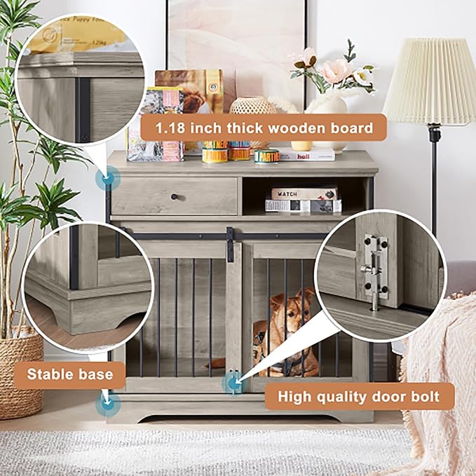 Sliding Door Dog Crate with Drawers. Grey,35.43'' W x 23.62'' D x 33.46'' H