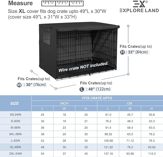 Explore Land 48 inches Dog Crate Cover Heavy Duty Polyester Pet Kennel Sunshade Universal Fit for Wire Cage (Black)
