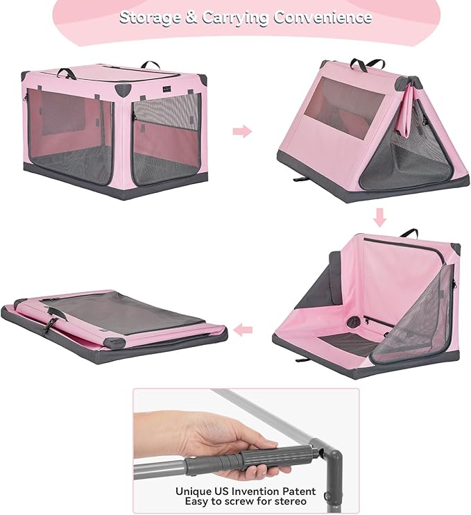 PETSFIT Soft Dog Crate, with Patented Adjustable Fabric Cover, Chewproof & Lockable Mesh Doors, Waterproof Base Collapsible Kennel Pink 30 Inch