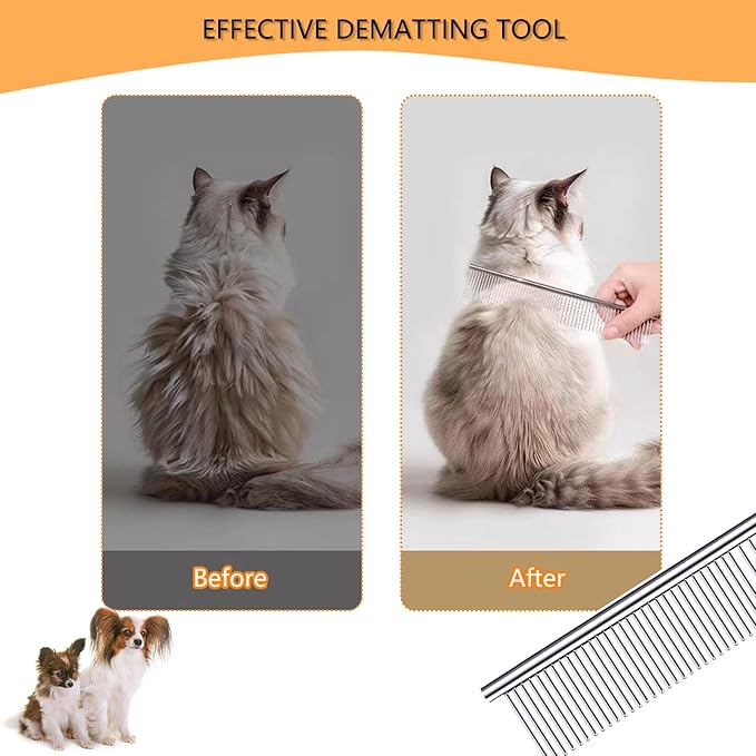 Pet Grooming Combs with Rounded Tips, Stainless Steel Bristles, Easy Detangling Tool for Long & Short Haired Dogs, Cats, and Other Furry Friends, Ideal for Daily Brushing