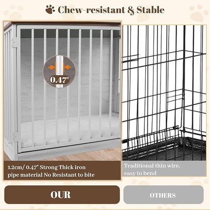 Dog Crate Furniture for Large Dogs, 36" Indoor Wooden Dog Kennel with 270° Swivel Door & 360° Rotating Feeder, Decorative Heavy Duty Dog House with Double Locks & Bowls, White
