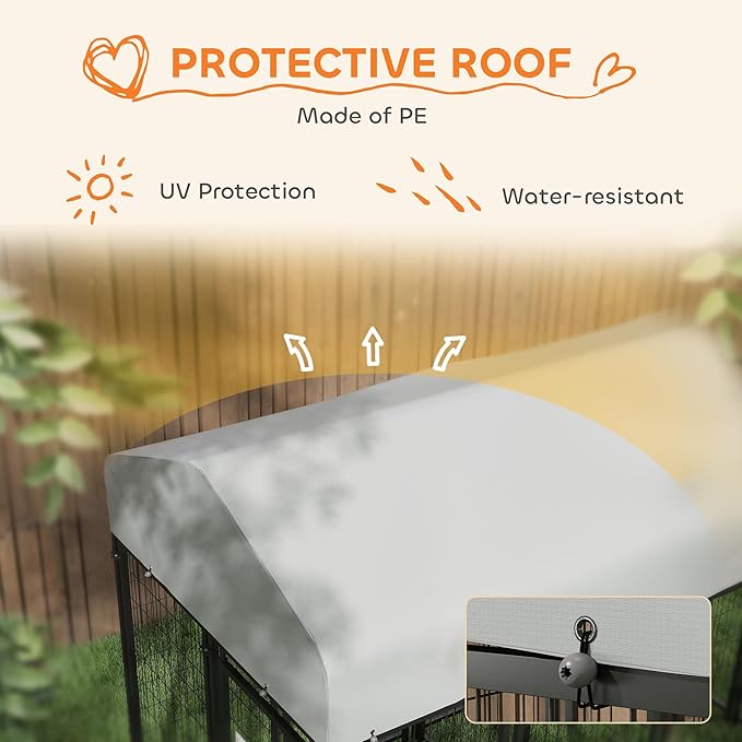 PawHut Outdoor Dog Kennel with 2 Rooms, 8' x 4' x 6' Heavy Duty Welded Wire Dog Playpen Enclosure with Escape-Proof Lock, UV-Resistant & Waterproof Cover, for Large Dogs, Silver